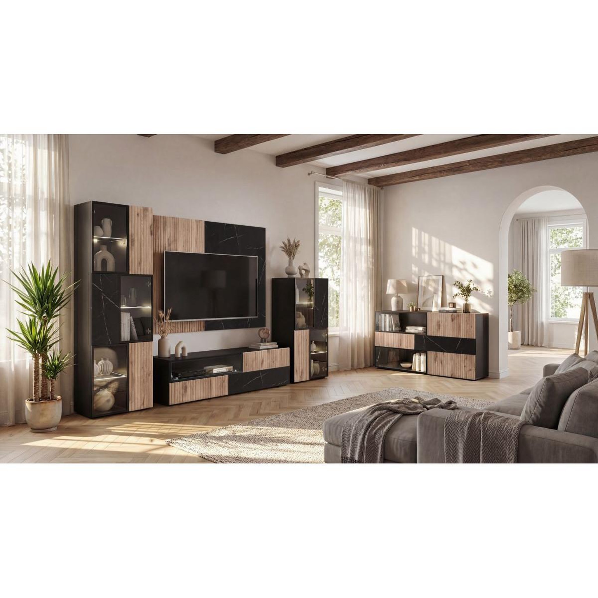 Voir la diapositive 4 : Paris Prix Buffet 3 portes & 1 tiroir  cannes  160cm noir & naturel