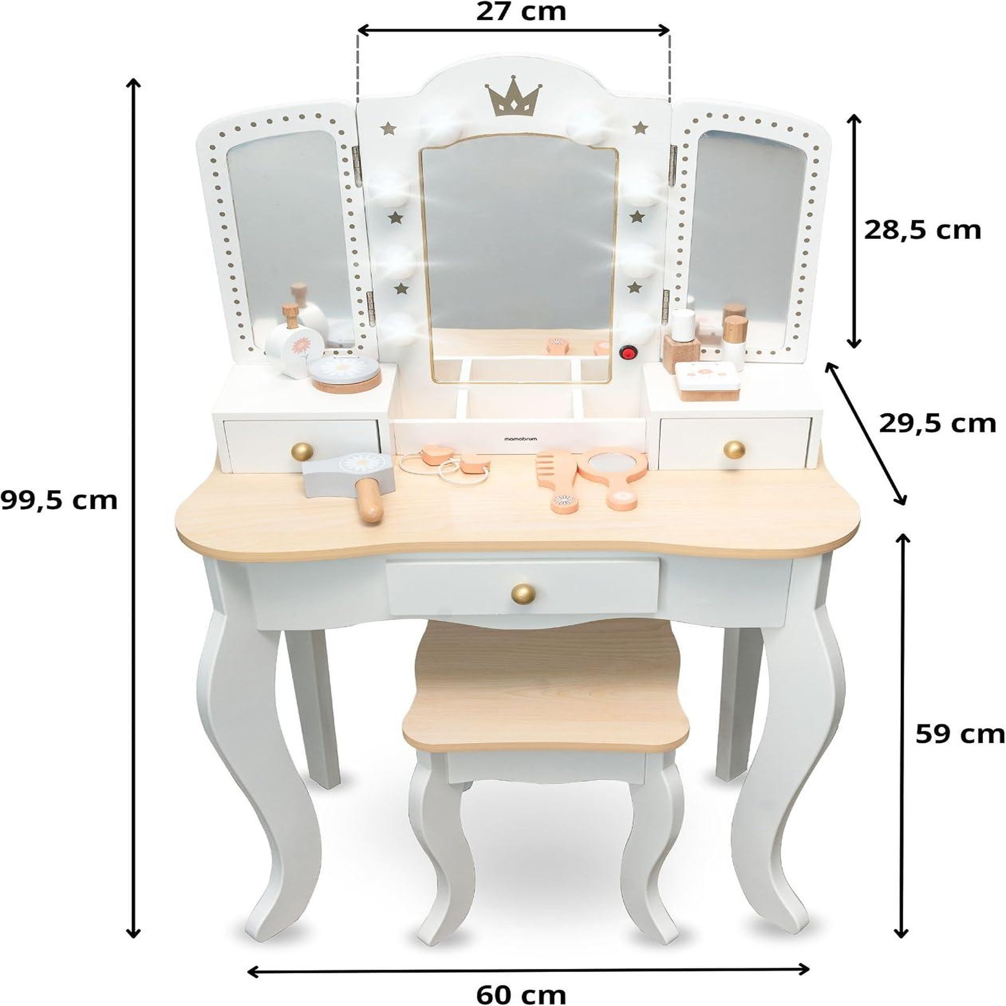 Voir la diapositive 3 : MAMABRUM Coiffeuse Enfant Bois avec Tabouret & Miroir LED, Tiroir & Accessoires – 2 en 1 Bureau Enfant +3