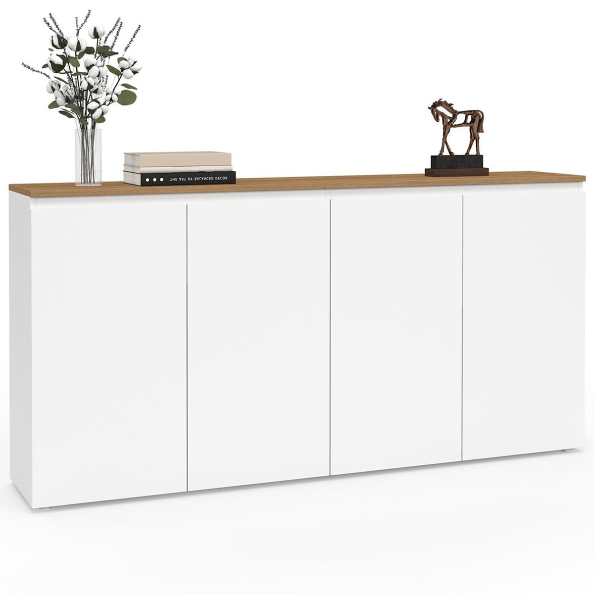 ID MARKET Buffet 160 cm TOBY 4 portes blanc et plateau bois