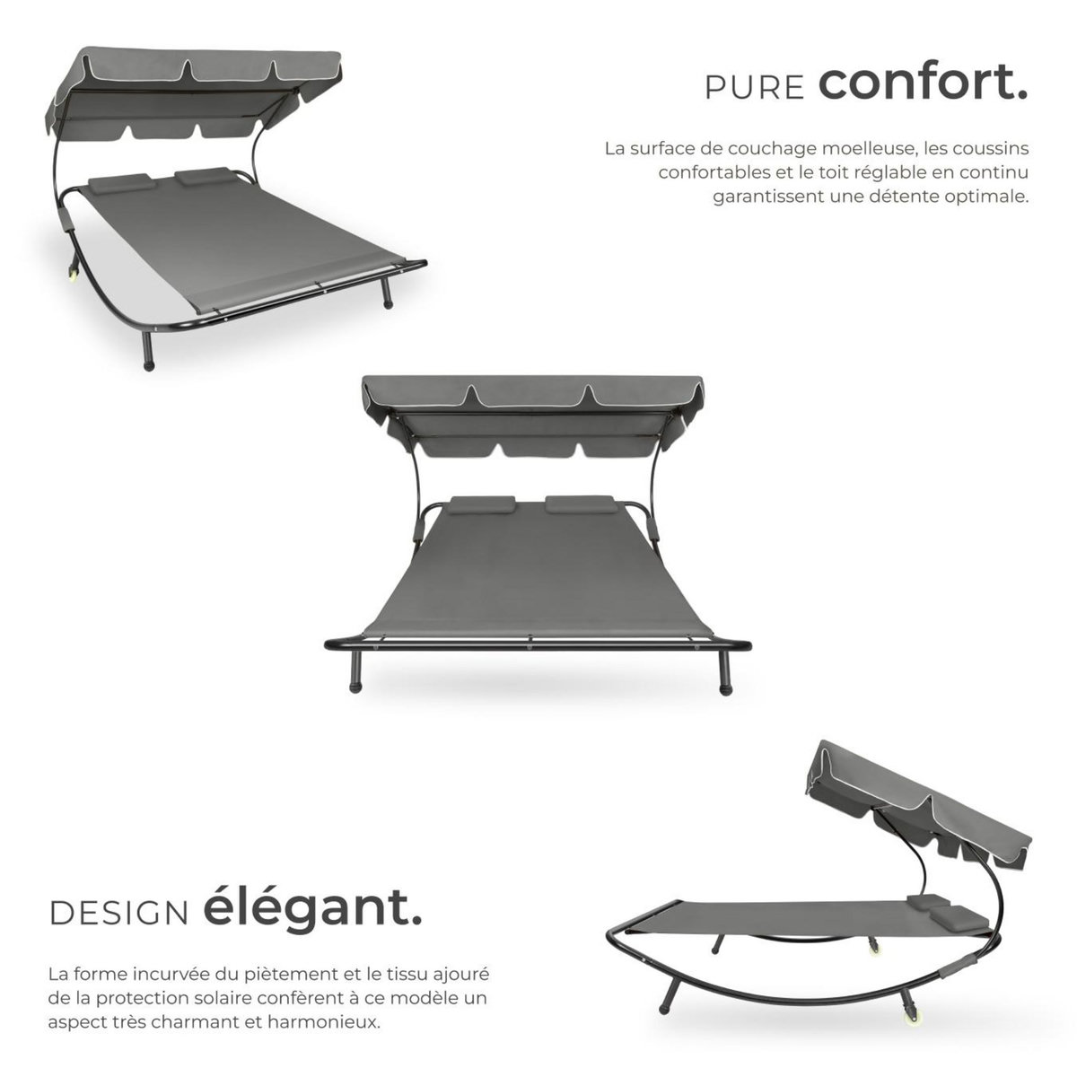 tectake Transat en acier pour 2 personnes noir/gris