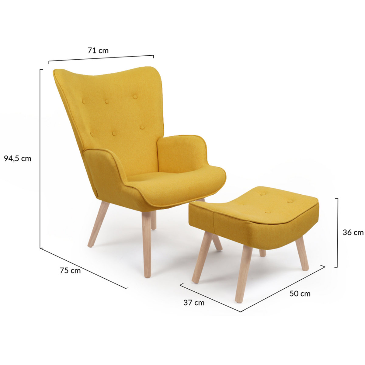 ID MARKET Fauteuil scandinave IVAR avec repose pieds jaune