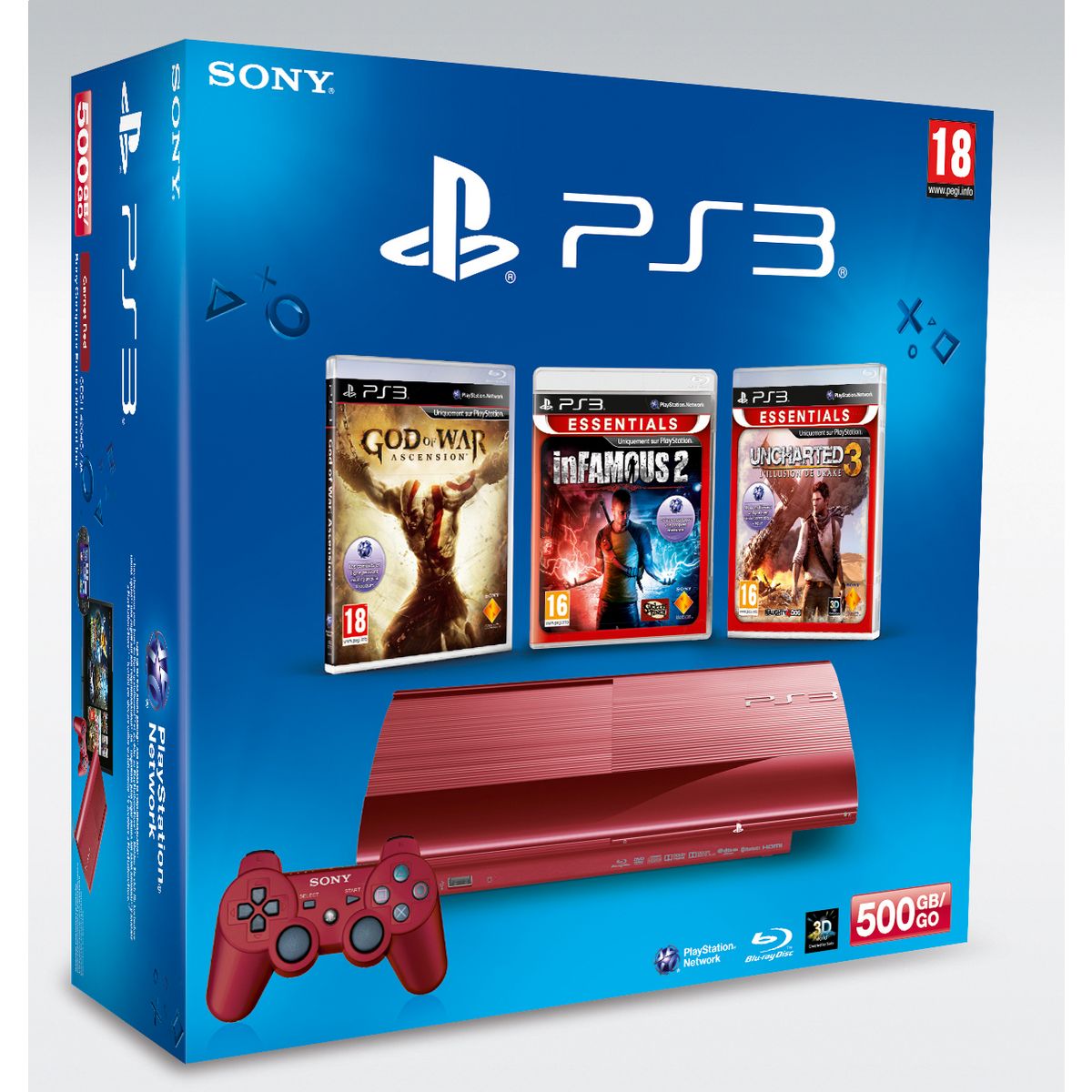 Console PS3 rouge 500 Go + 3 jeux