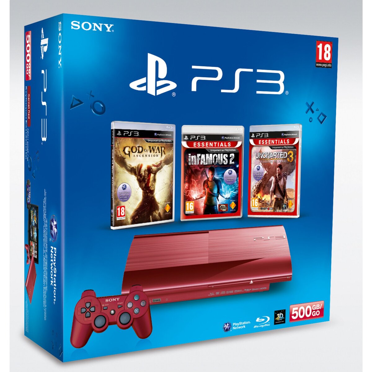 Console PS3 rouge 500 Go + 3 jeux pas cher 