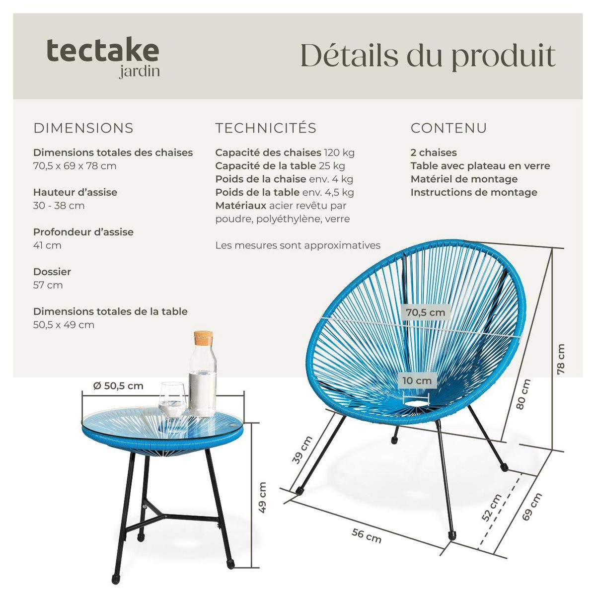 tectake Ensemble de 2 chaises de jardin avec table design rétro dans le style Acapulco bleu