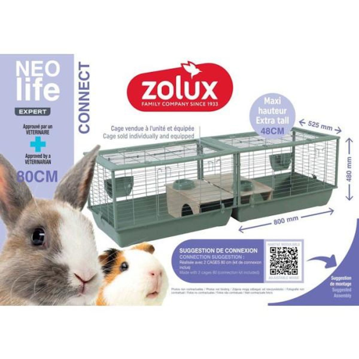 Zolux ZOLUX Cage grillagée cochon d'inde et rongeur Néolife - 80 x 52,5 x 48 cm - Vert