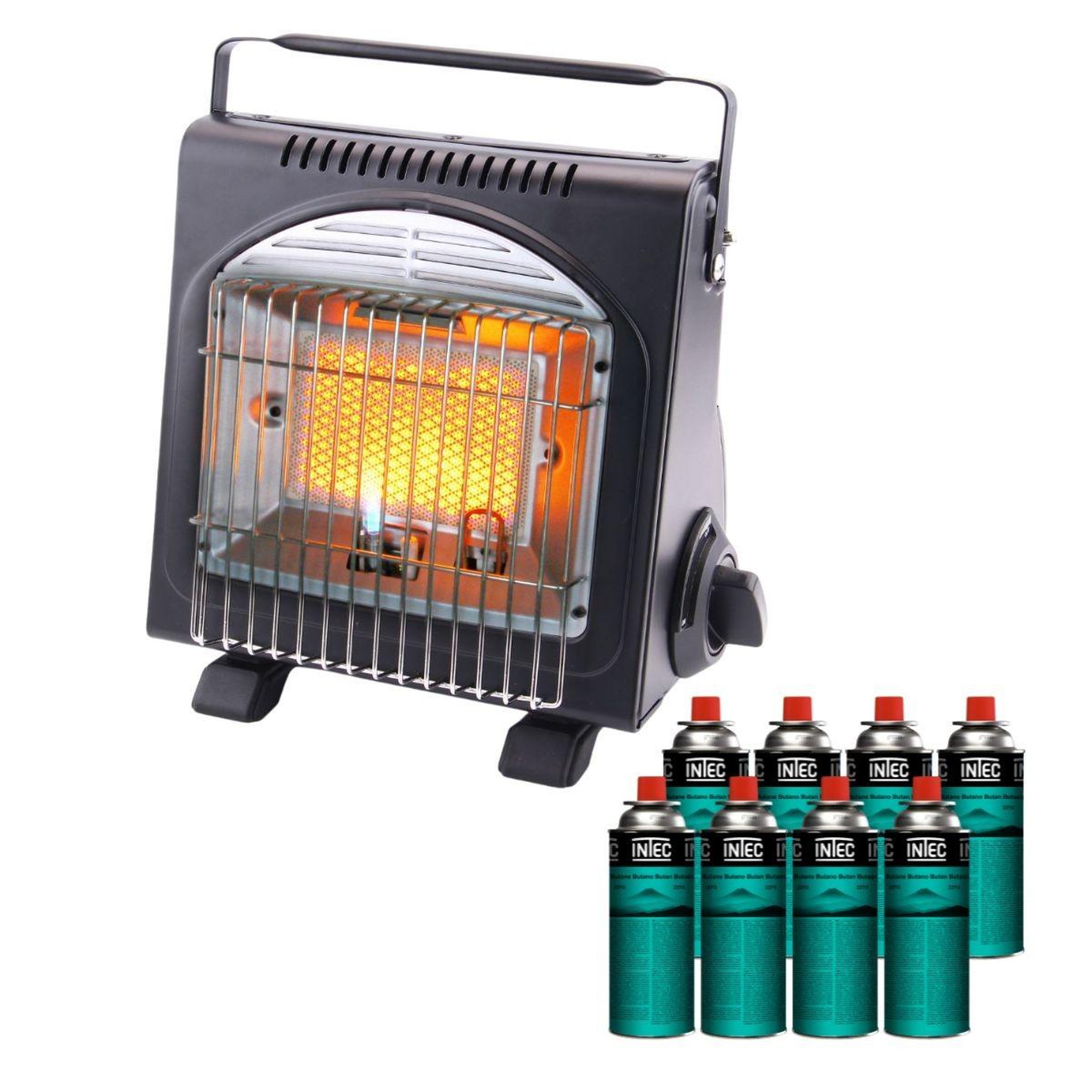 INTEC Chauffage à gaz portable 1700w fuego + 8 cartouches butane en417 piezo hsc ods anti-basculement intec
