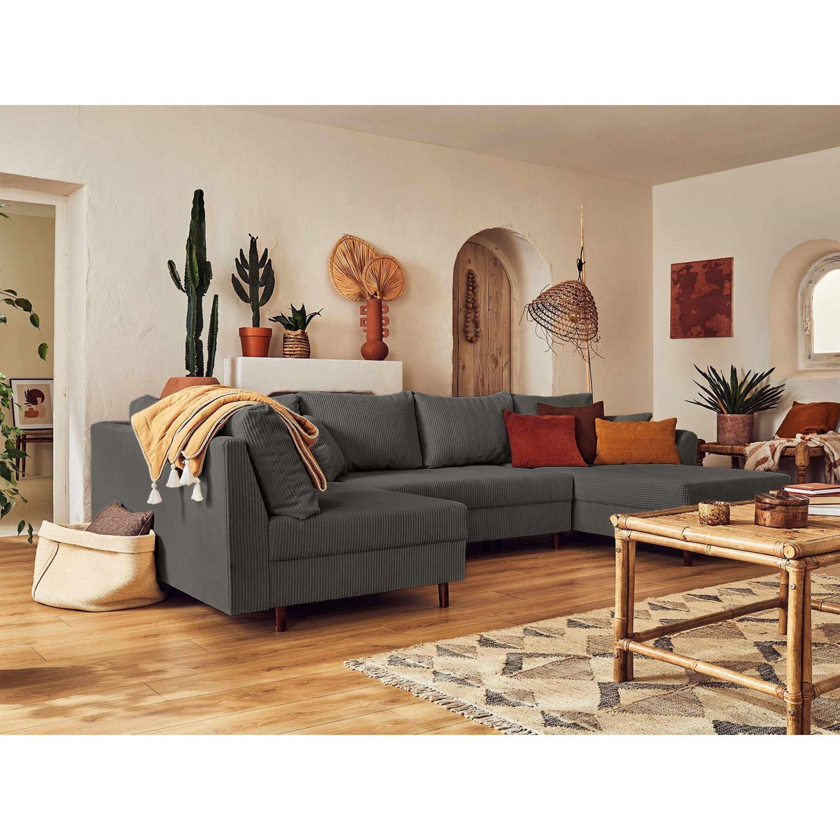 LISA DESIGN Rune - canapé panoramique d'angle gauche - 7 places - en velours côtelé