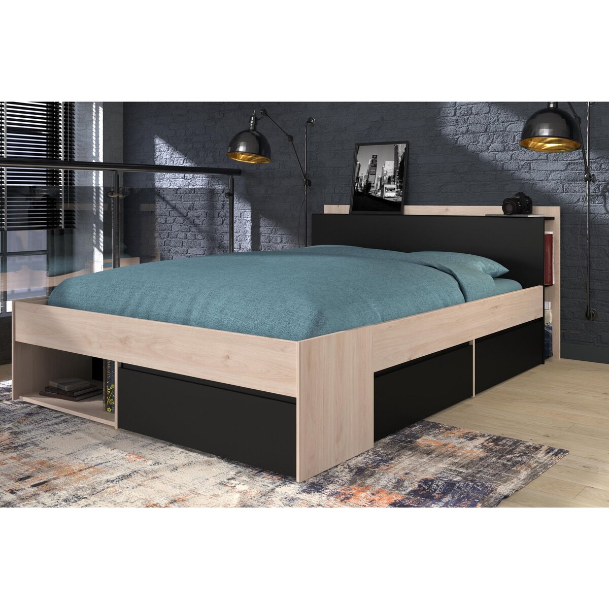 Lit double adulte 140x190 / 140x200 cm avec rangements BOOST
