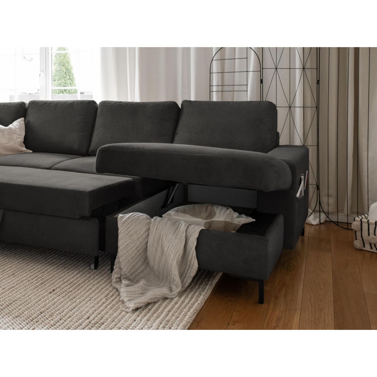 BEST MOBILIER Lilly - canapé panoramique d'angle gauche - 7 places - convertible avec coffre - en velours côtelé