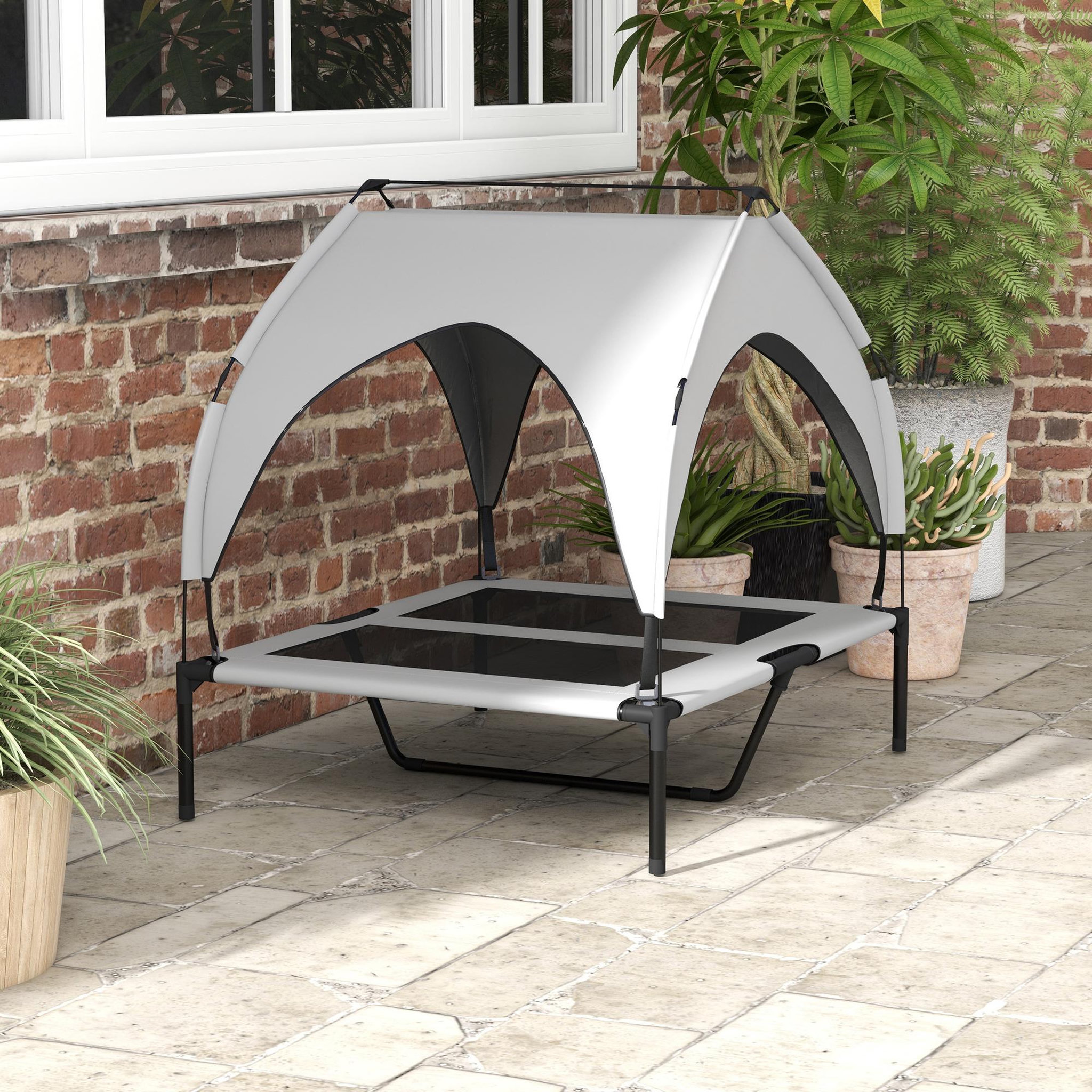 Voir la diapositive 2 : PAWHUT Lit chien surélevé - lit chien sur pieds - velum textilène micro-perforé sac transport gris