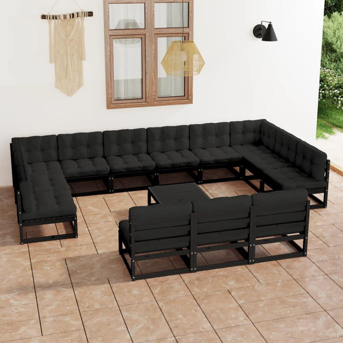 VIDAXL Salon de jardin 14 pcs avec coussins Noir Bois de pin massif