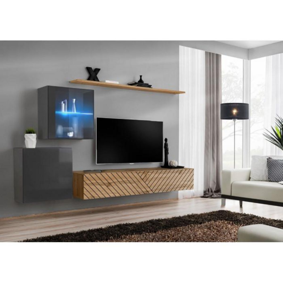 Paris Prix Ensemble Meuble TV  Switch Lamel XV  260cm Naturel & Gris