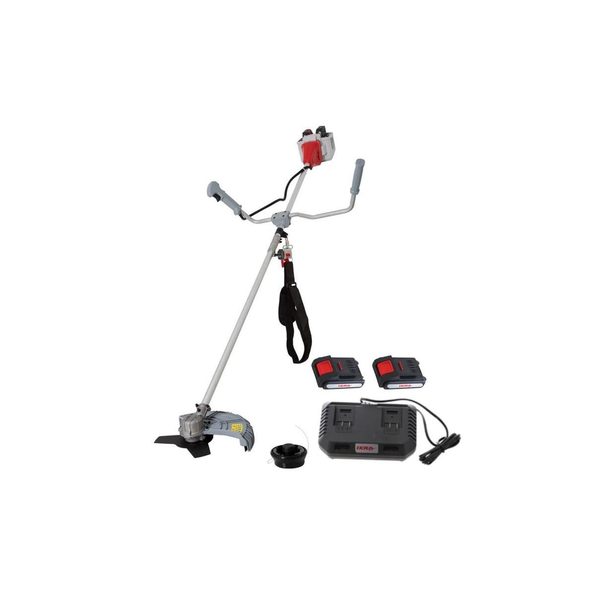 Voir la diapositive 4 : Ikra Débroussailleuse à batterie sans fil 40v - 2 batteries lithium 2.0ah chargeur double - bobine de fil + lame 3 dents 25,5 cm ikra