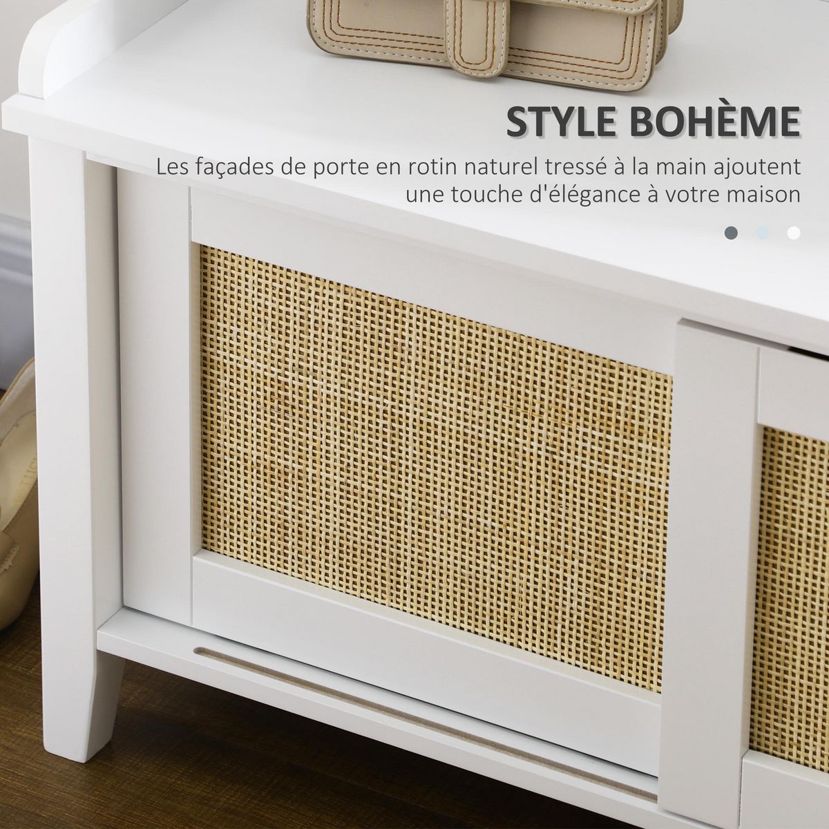HOMCOM Meuble chaussures banc à chaussures 2 en 1 style bohème chic 2 portes coulissantes - MDF blanc cannage rotin