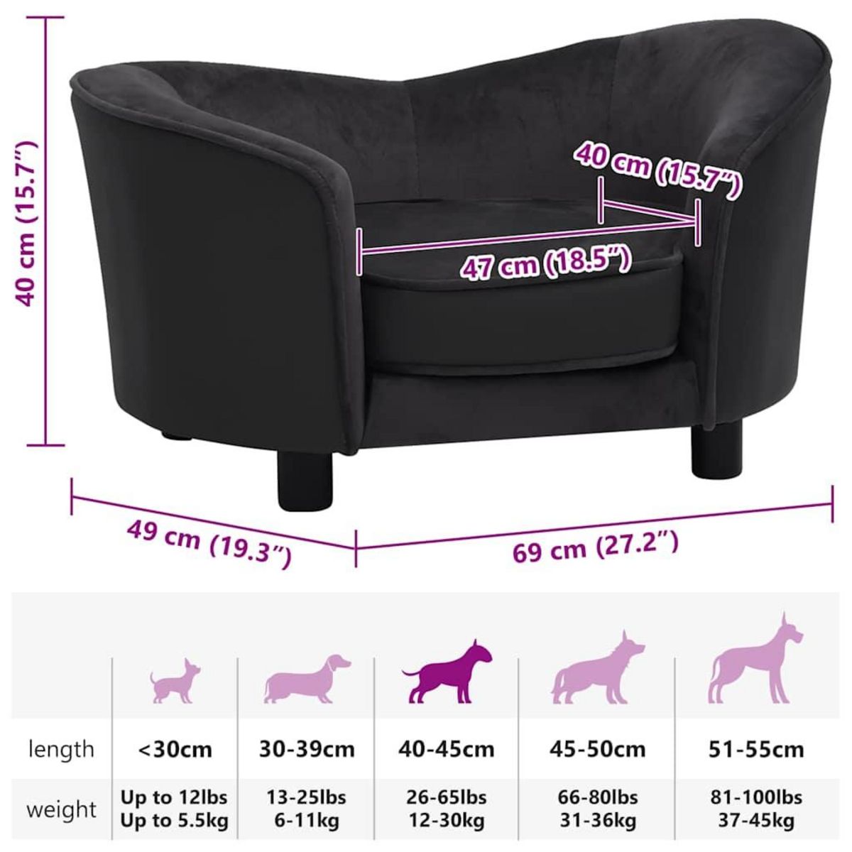 VIDAXL Canape pour chien Noir 69x49x40 cm Peluche et similicuir