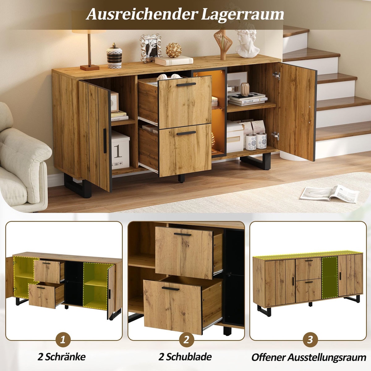 MERAX Buffet 2 porte(s) 2 tiroir(s) - 160 cm naturel led mdf