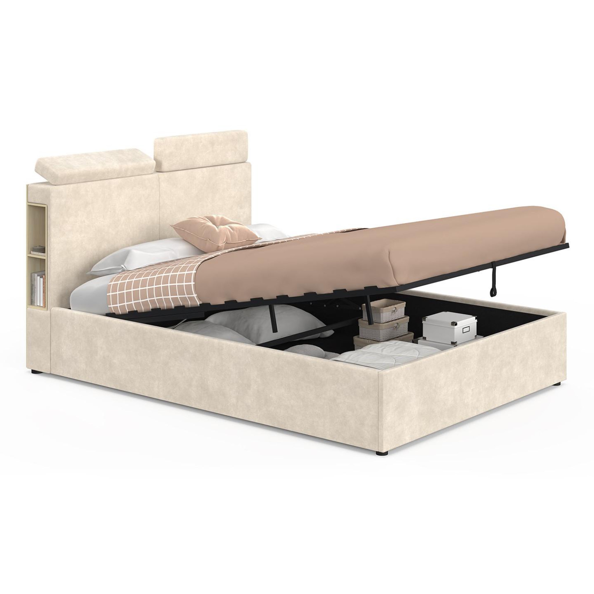 ID MARKET Lit coffre double BASTIAN avec rangements, tête de lit à appuis-tête réglables et sommier 140 x 190 cm velours beige