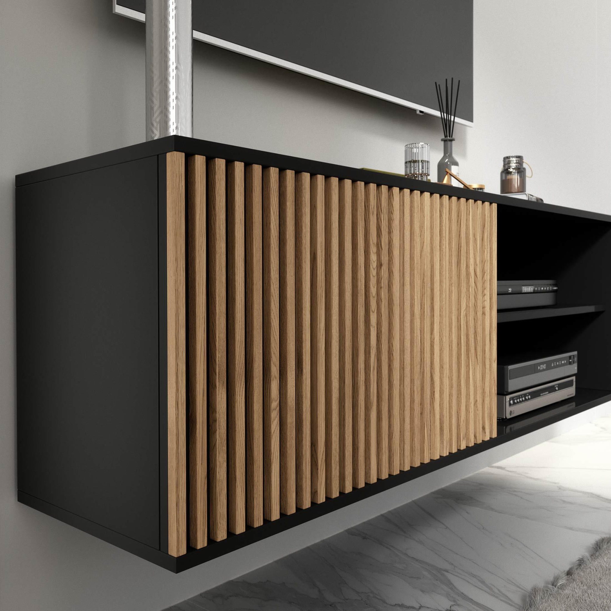 Voir la diapositive 3 : BEST MOBILIER Savanna - meuble tv suspendu - effet bois et noir - 2 niches et 1 porte - 150 cm