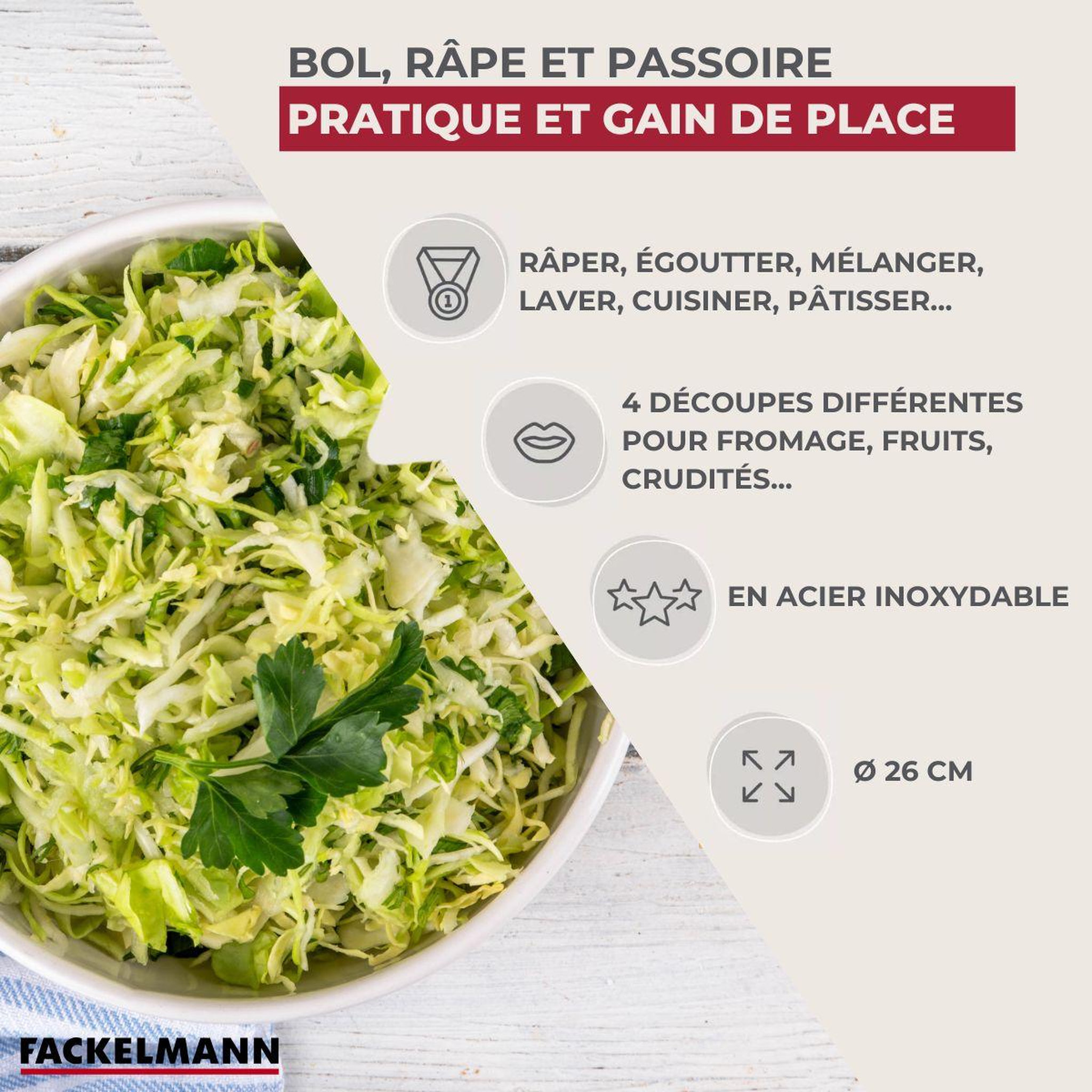 Voir la diapositive 3 : Fackelmann Set 3 en 1 Bol à Mixer, Râpe et Passoire 26 cm Fackelmann
