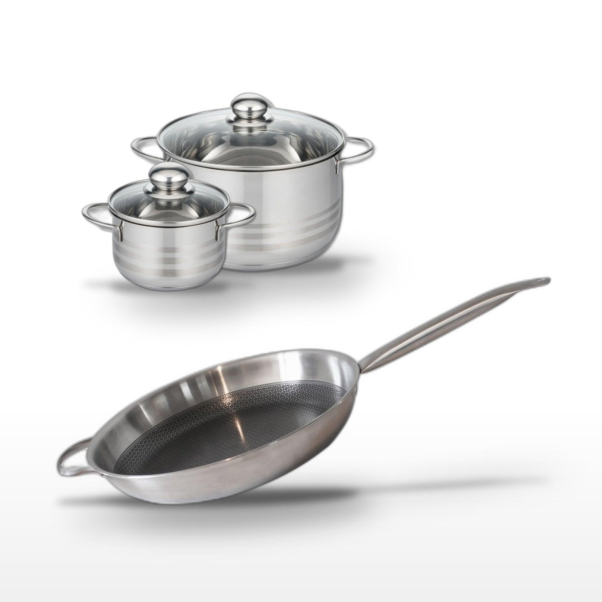 ELO Batterie de cuisine avec 1 poêle de cuisson 32 cm et 2 faitouts 20/14 cm en inox sans pfas elo collection relief solution brillant
