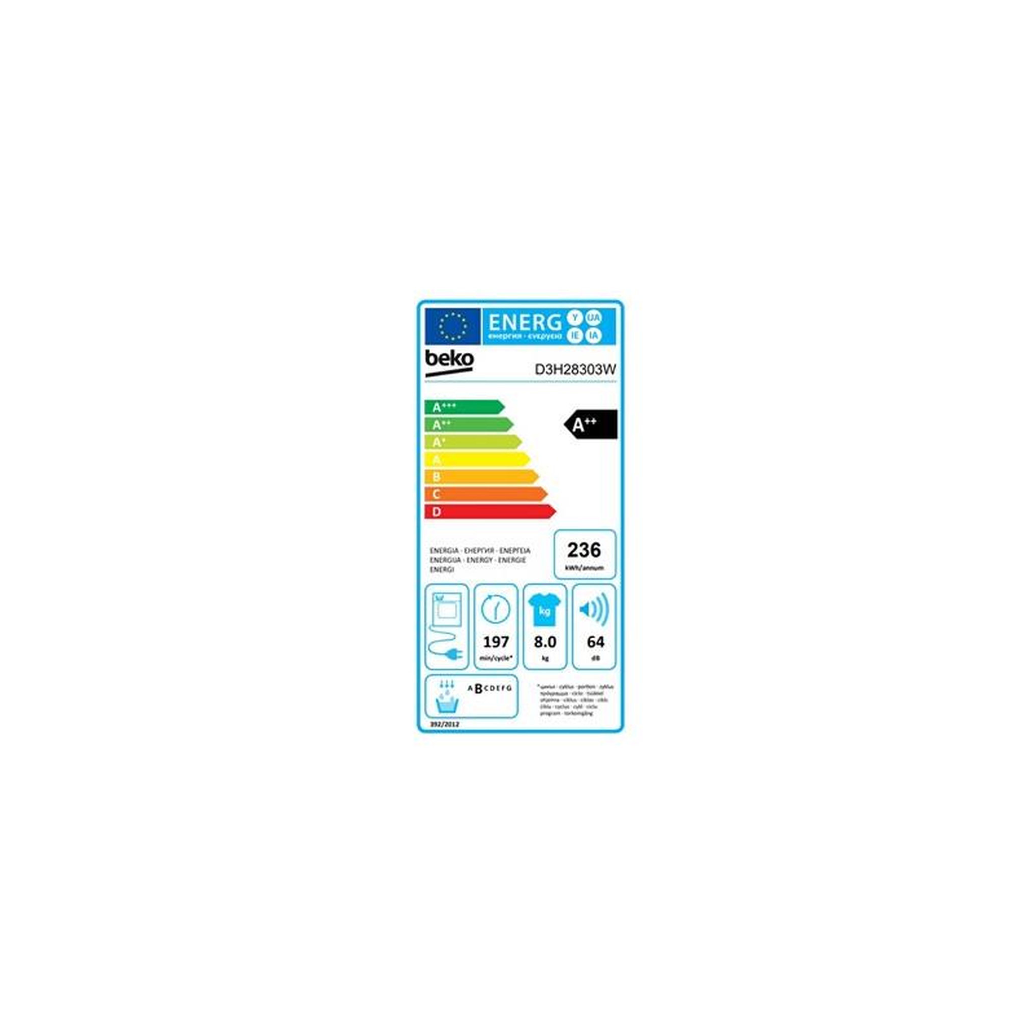 Voir la diapositive 6 : Beko Sèche-linge pompe à chaleur 60cm 8kg - d3h28303w