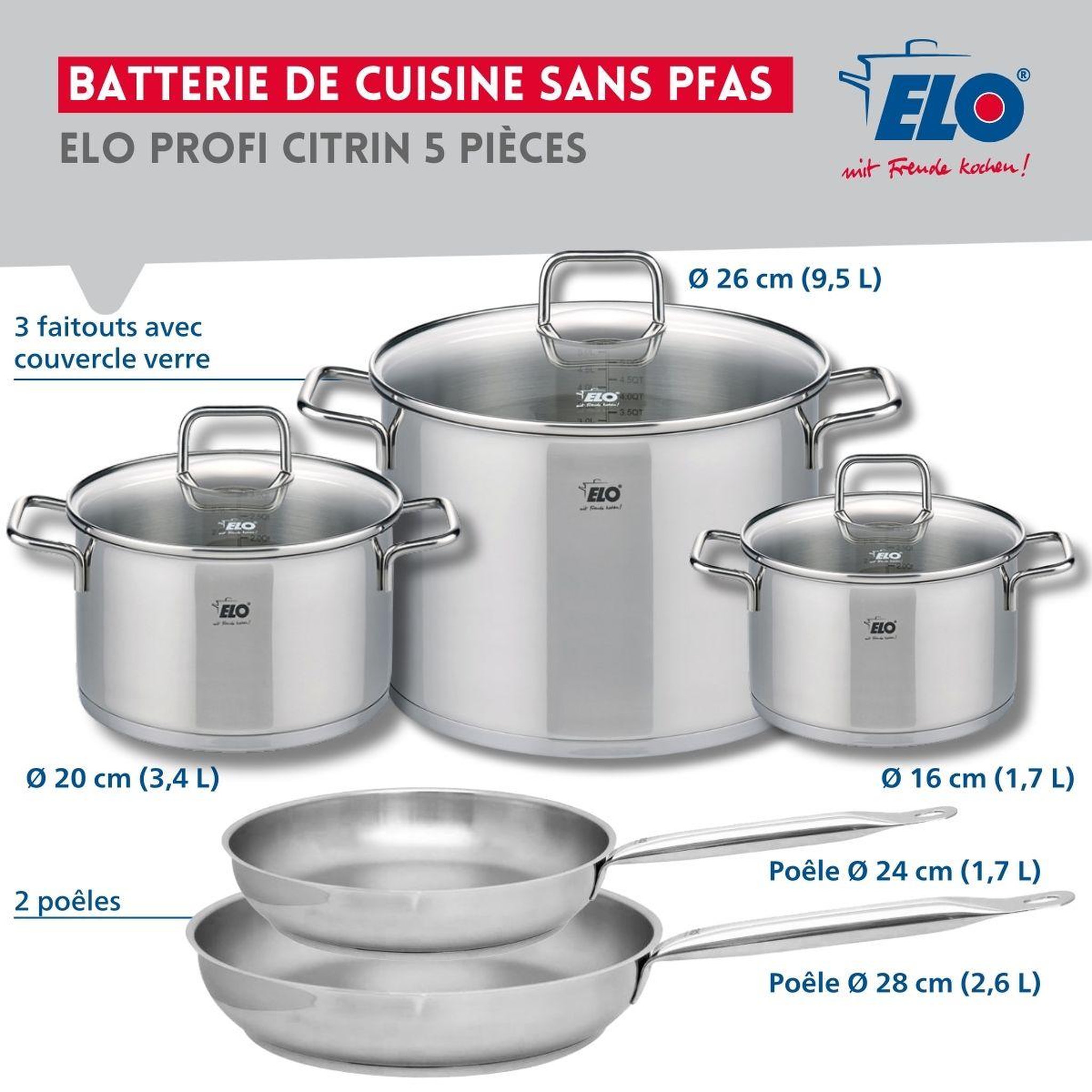 Voir la diapositive 2 : ELO Ensemble de 2 poêles de cuisson 24 et 28 cm et 3 faitouts 16, 20 et 26 cm elo profi citrin
