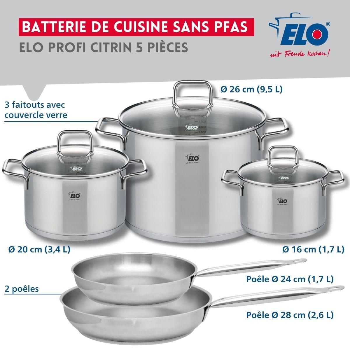 ELO Ensemble de 2 Poêles de cuisson 24 et 28 cm et 3 faitouts 16, 20 et 26 cm Elo Profi Citrin