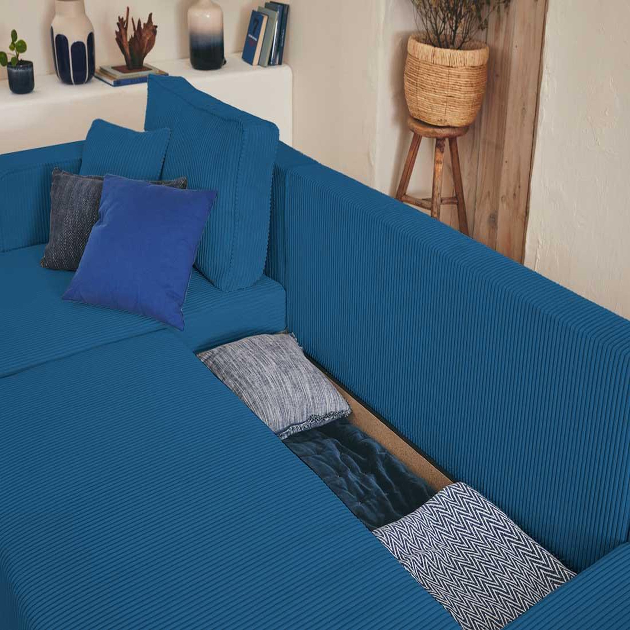 Voir la diapositive 3 : BEST MOBILIER Topaze - canapé panoramique en u - 7 places - convertible avec coffre - en velours côtelé