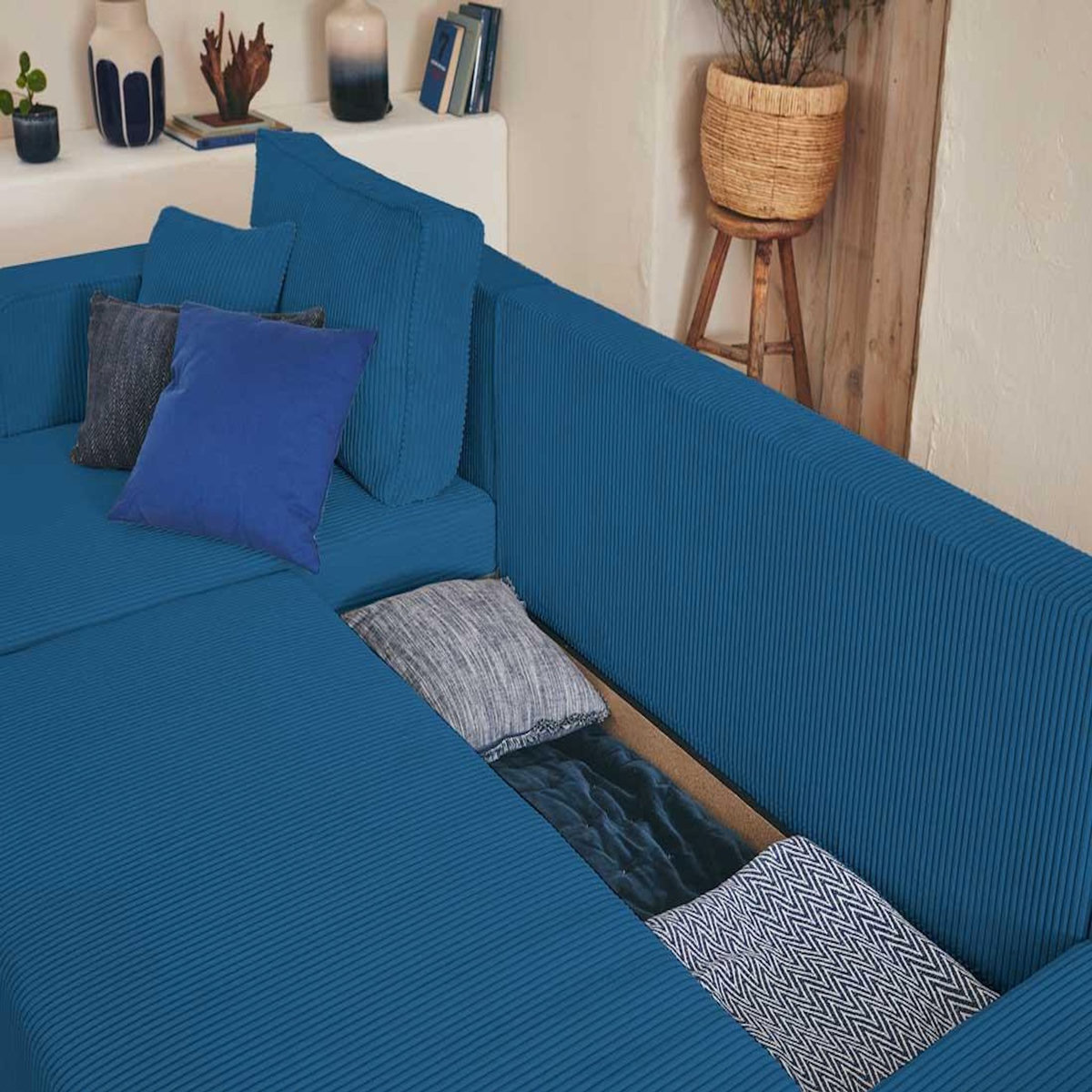 BEST MOBILIER Topaze - canapé panoramique en u - 7 places - convertible avec coffre - en velours côtelé