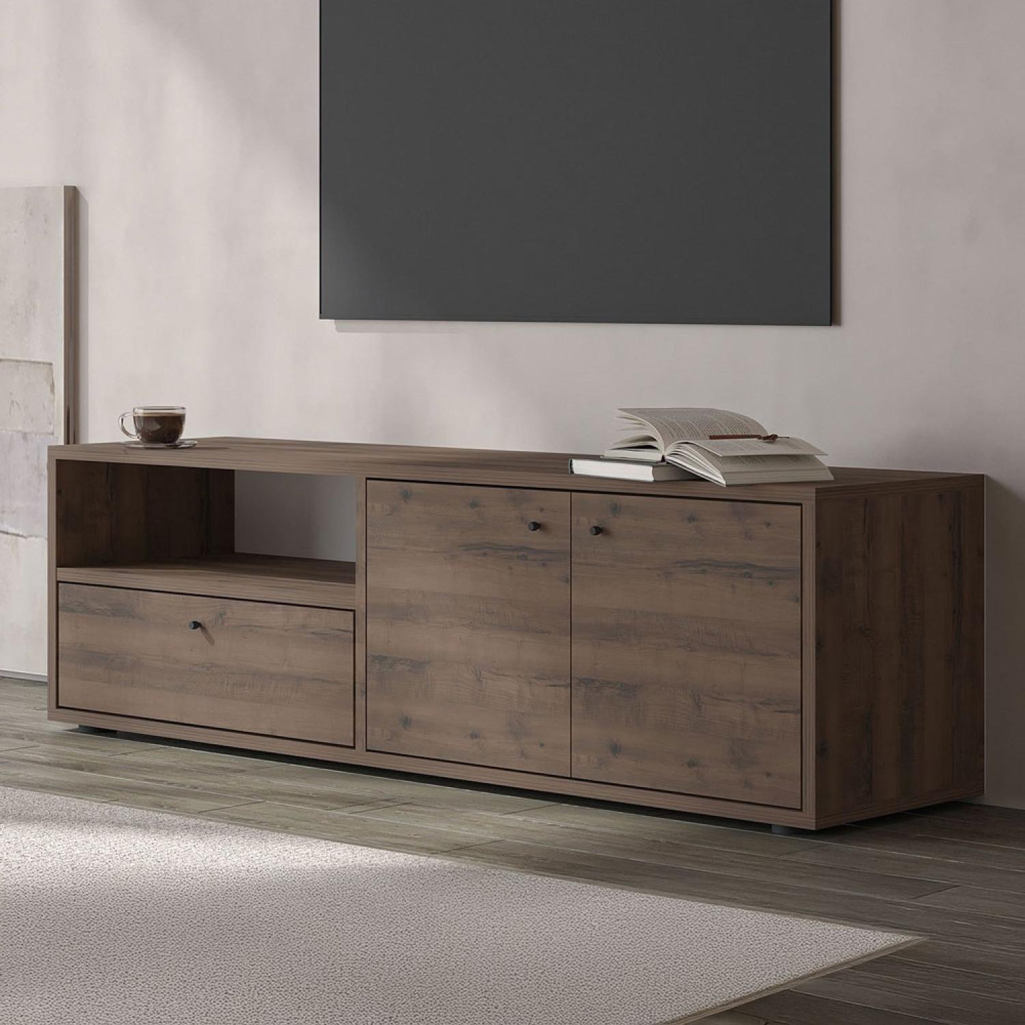 Voir la diapositive 4 : CONCEPT USINE Meuble tv avec placards et niche aspect bois de noyer 136cm oaki
