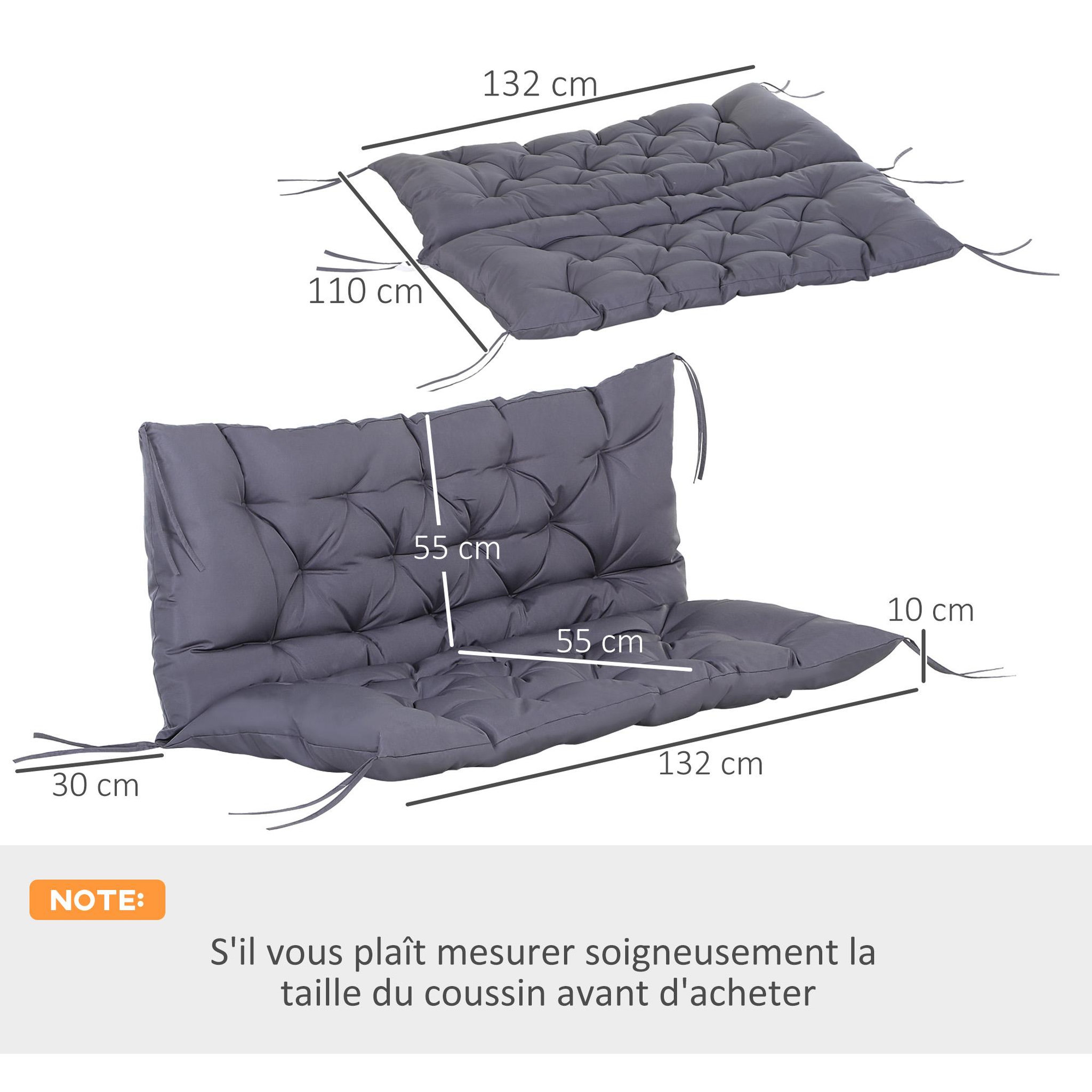 Voir la diapositive 3 : OUTSUNNY Coussin matelas assise dossier pour banc de jardin balancelle canapé 2 places grand confort 120 x 110 x 12 cm gris
