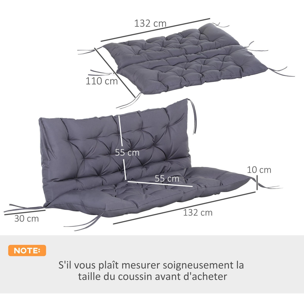 OUTSUNNY Coussin matelas assise dossier pour banc de jardin balancelle canapé 2 places grand confort 120 x 110 x 12 cm gris