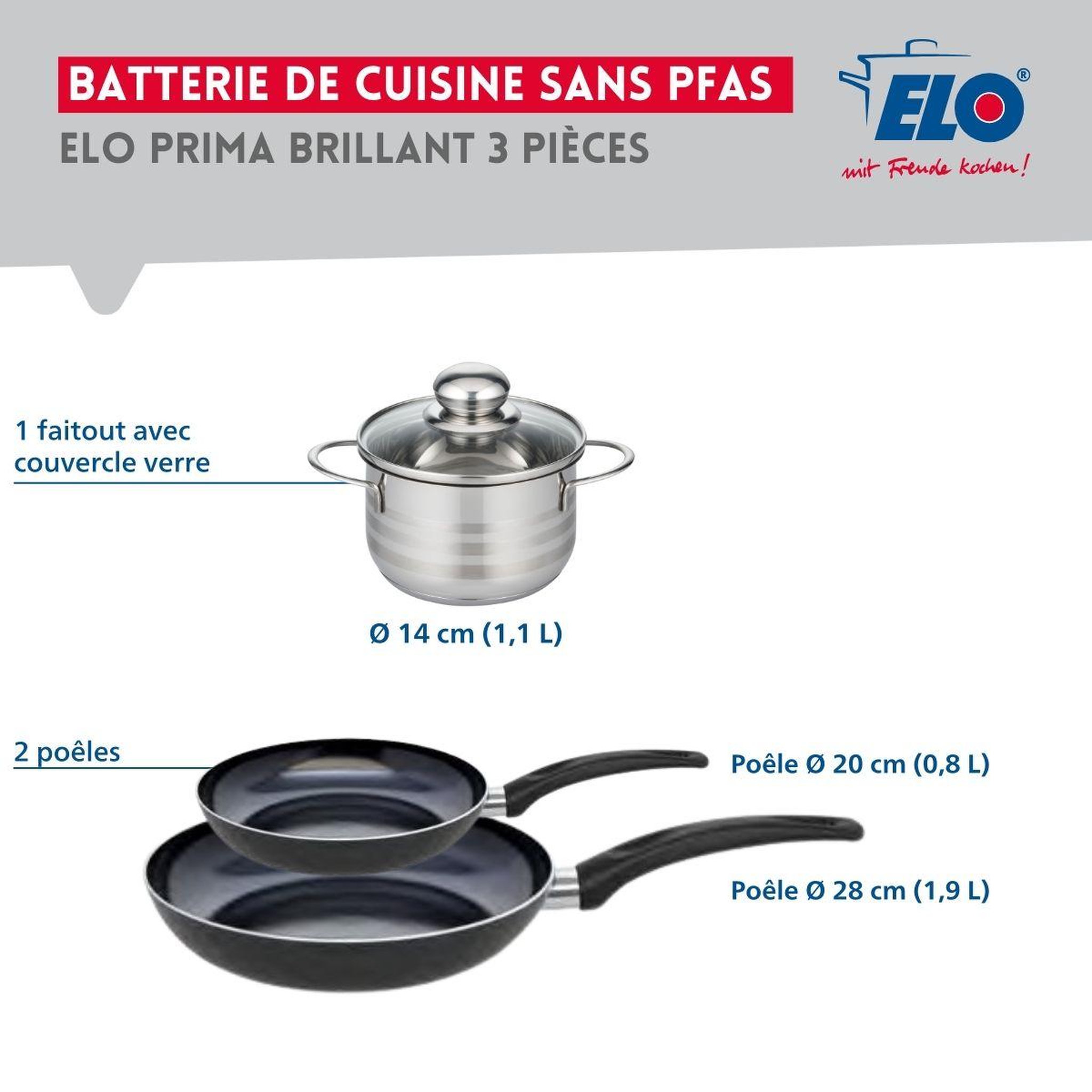 Voir la diapositive 2 : ELO Ensemble de 2 poêles de cuisson 20 et 28 cm et 1 faitout 14 cm elo prima brillant
