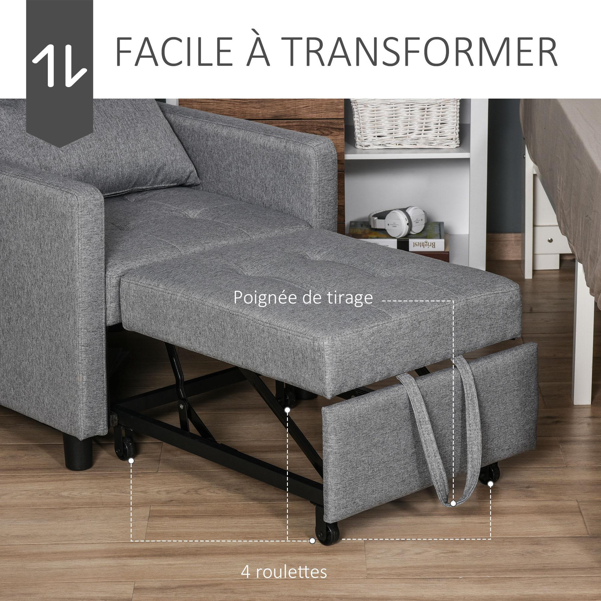 Voir la diapositive 6 : HOMCOM Fauteuil chauffeuse canapé-lit convertible 1 place dossier inclinable 3 positions coussin inclus polyester coton gris