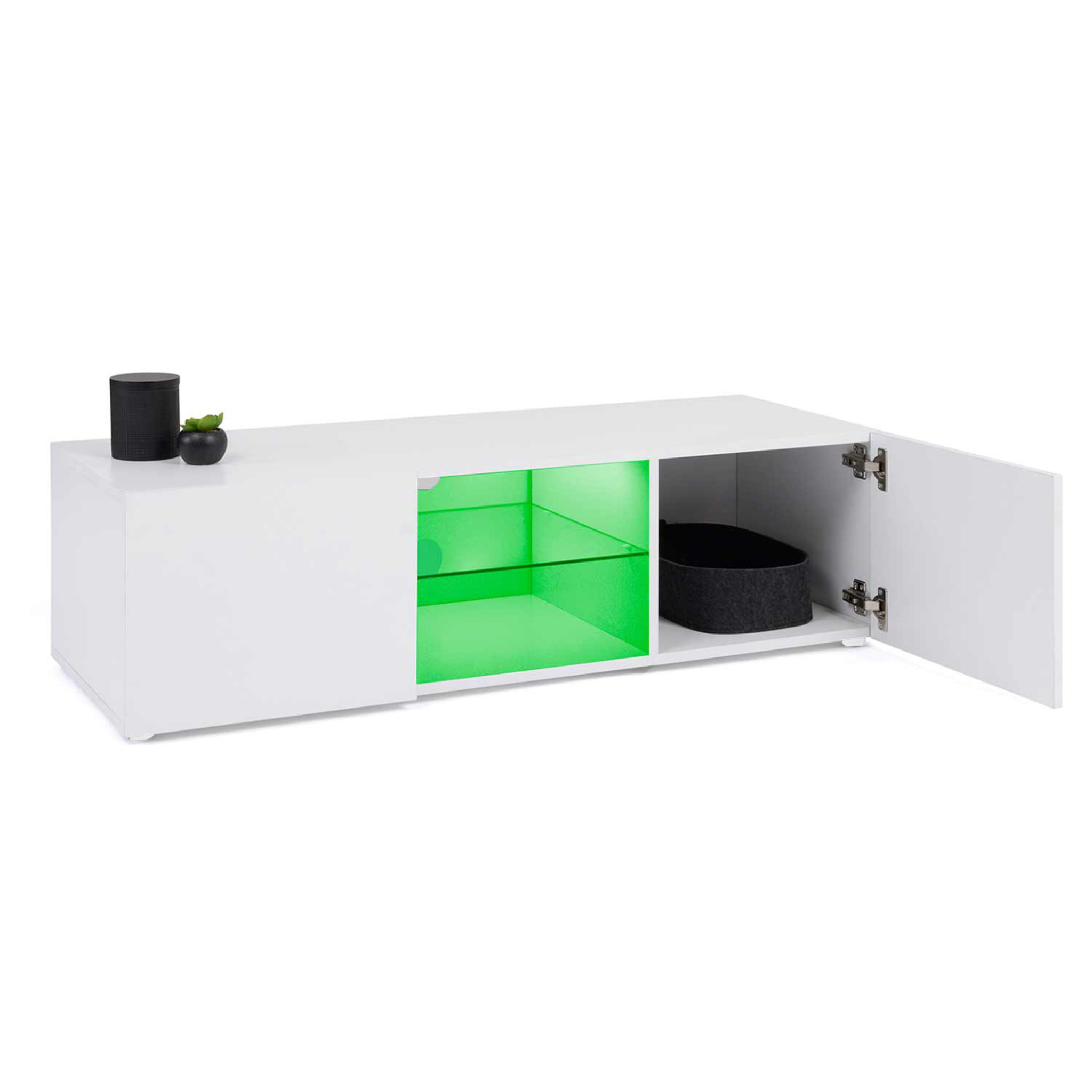 Voir la diapositive 4 : ID MARKET Meuble tv 113 cm eli blanc étagère en verre avec led