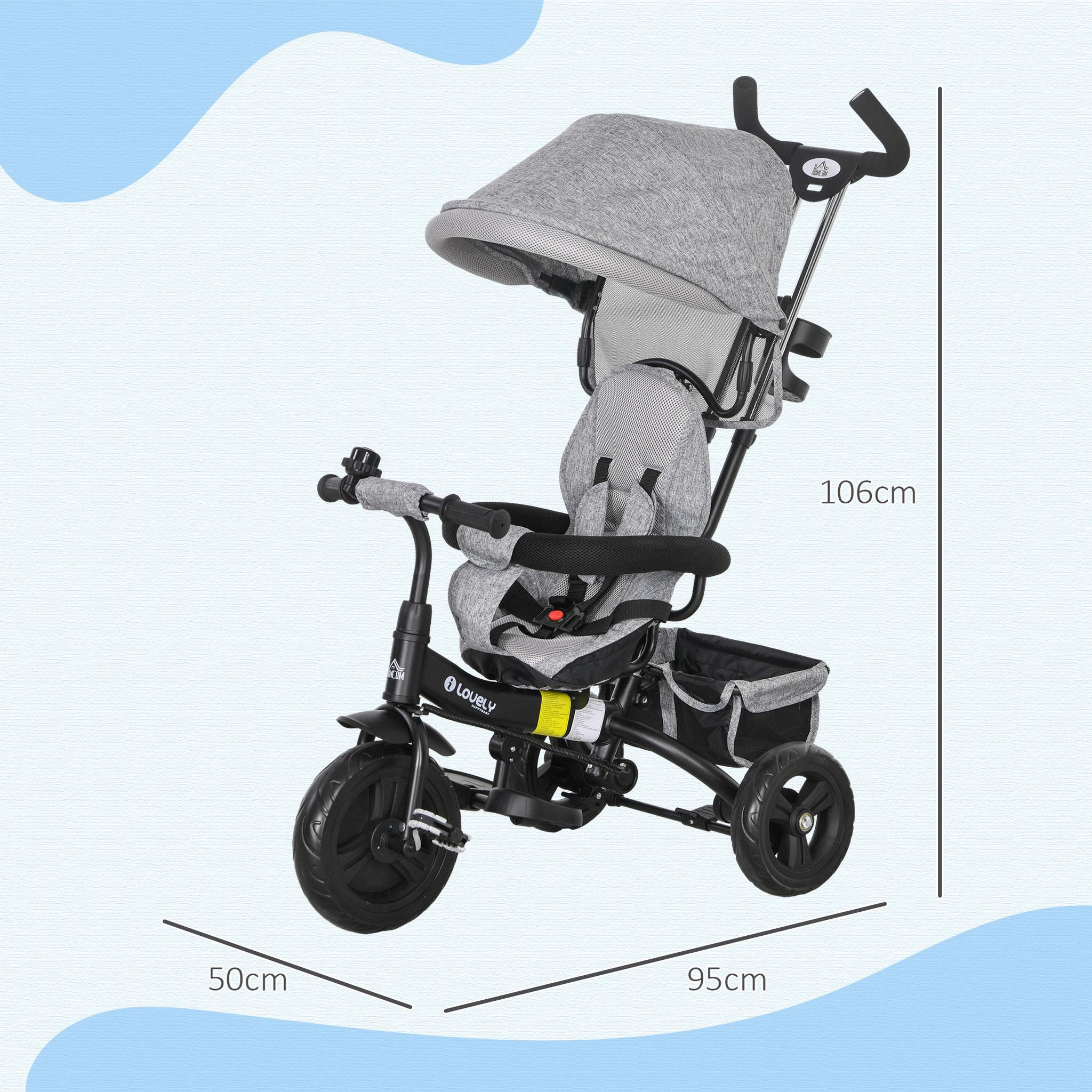 Voir la diapositive 5 : HOMCOM Tricycle enfant évolutif pare-soleil pliable canne télescopique amovible acier gris