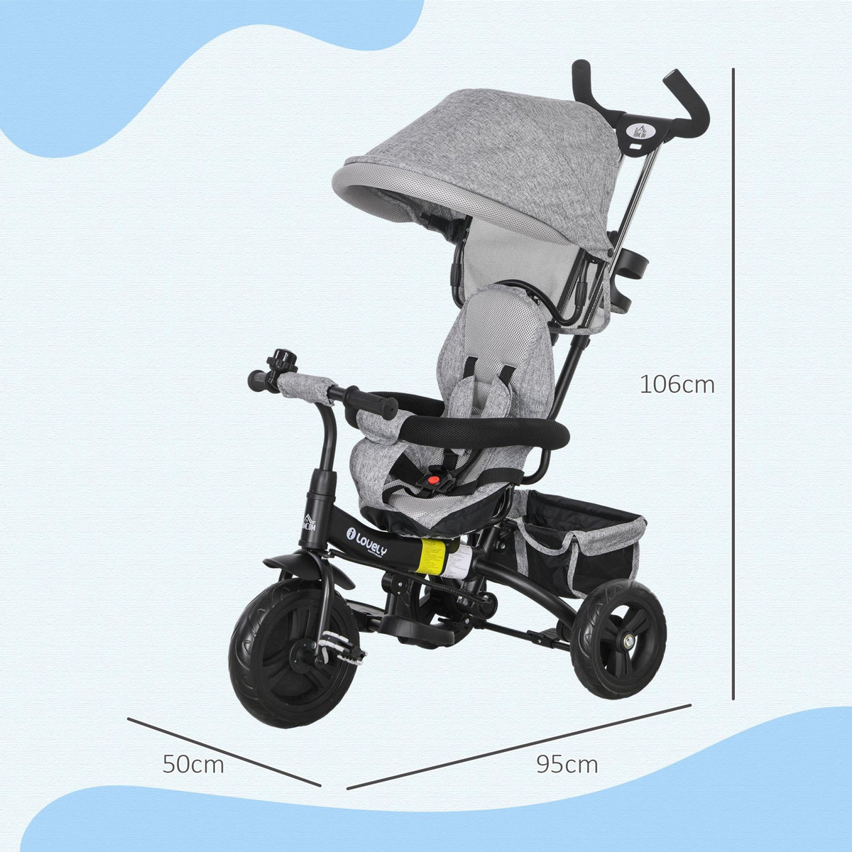 HOMCOM Tricycle enfant évolutif pare-soleil pliable canne télescopique amovible acier gris
