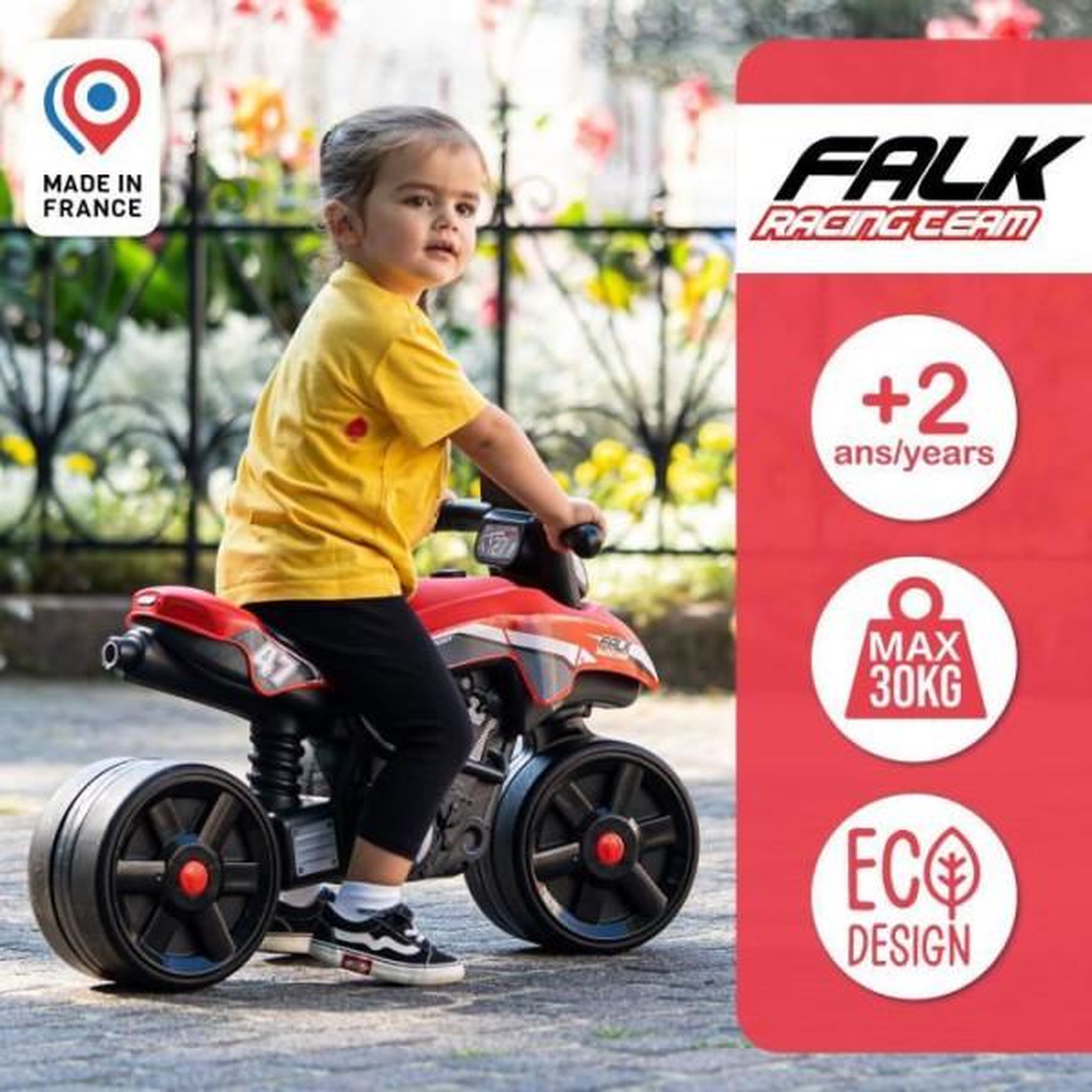 Voir la diapositive 2 : FALK Draisienne Velo  Moto Racing Team - FALK - Larges roues et Guidon directionnel - Fabriqué en France - 40% de plastique recyclé - Des