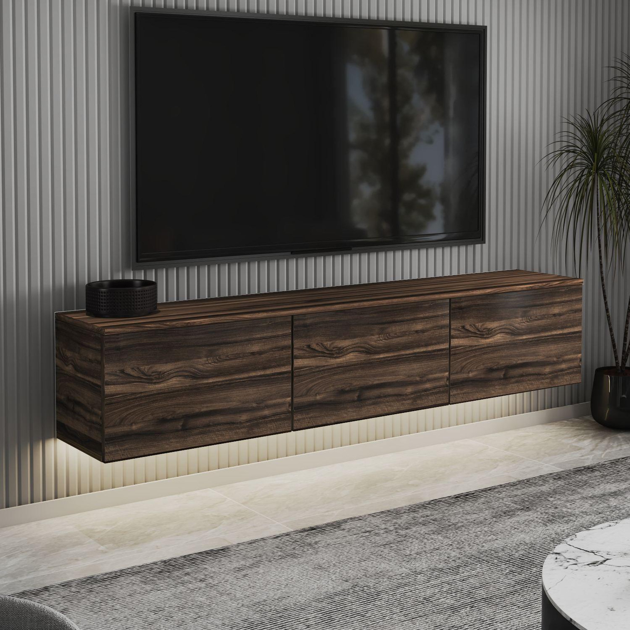 Voir la diapositive 3 : Habitat et Jardin Meuble tv suspendu en bois avec éclairage led  neon  - 160 x 32 x 35 cm - marron