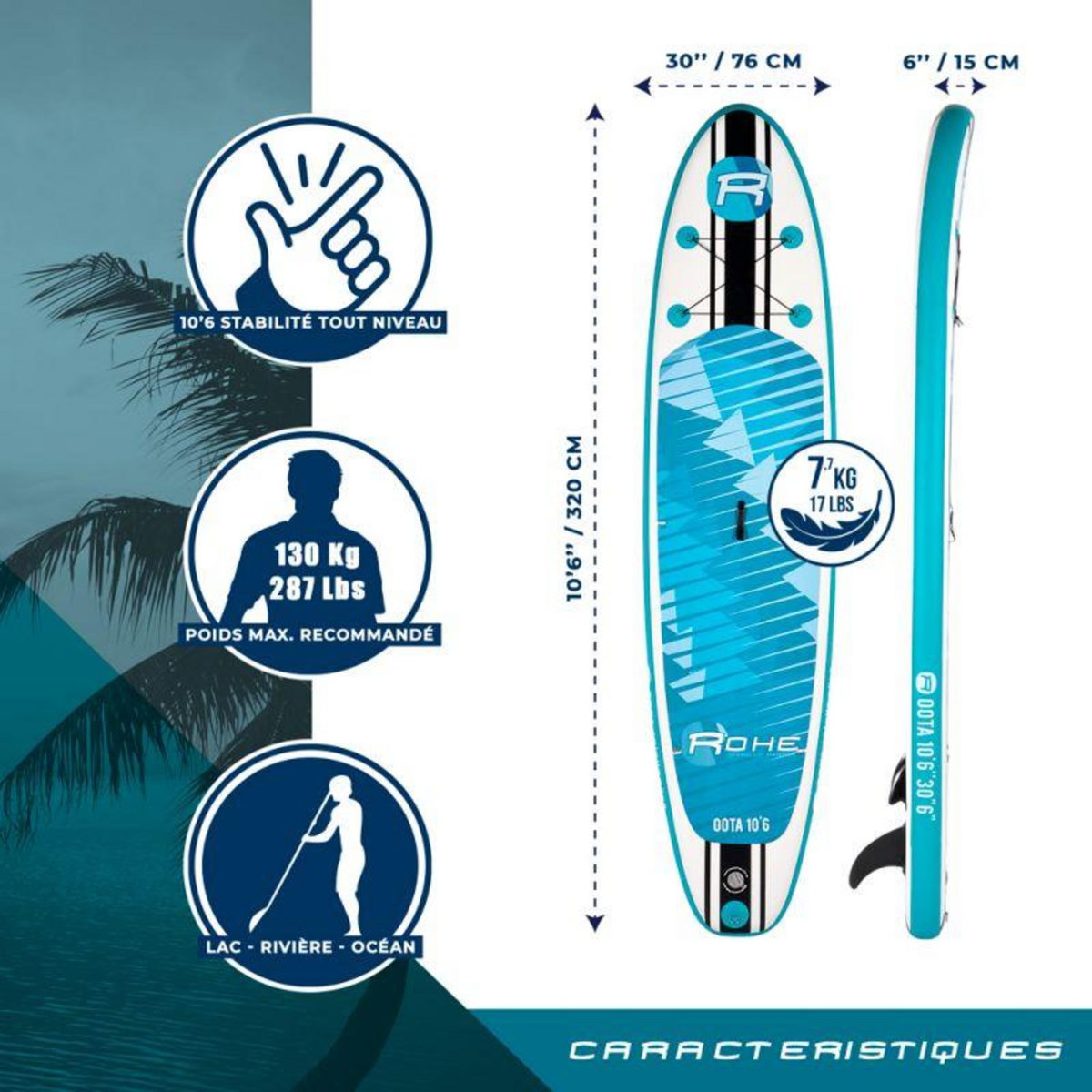 ROHE Stand Up Paddle Gonflable OOTA ROHE - 10'6'' (320cm) 30'' (76cm) 6'' (15cm) avec Pompe, Pagaie, Leash et Sac de transport