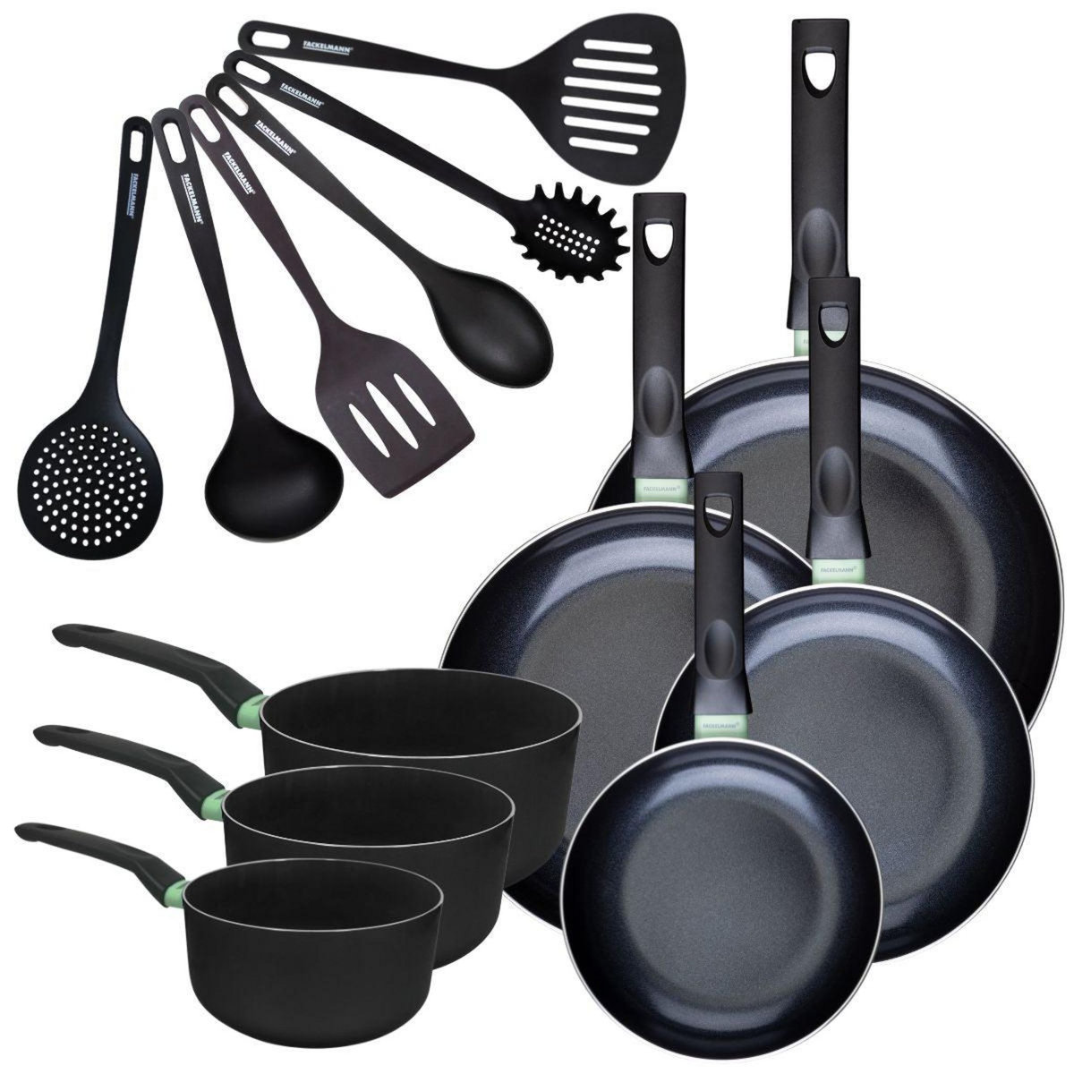 Fackelmann Set de 4 poêles 20 24 28 et 30 cm et 3 casseroles 16, 18 et 20 cm antiadhésives céramique et 6 ustensiles Fackelmann Brandao