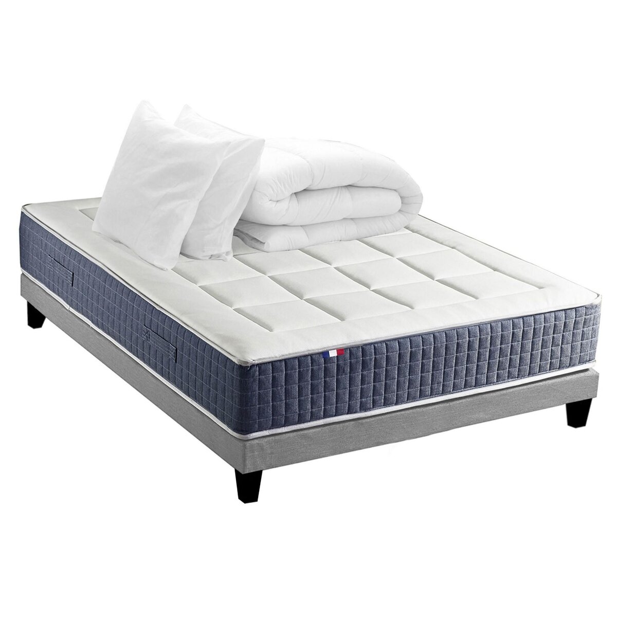 IDLITERIE Ensemble Matelas Ressort 7 zones + Mémoire de forme + Sommier KING STYLE + couette + oreillers - Fabriqué en France