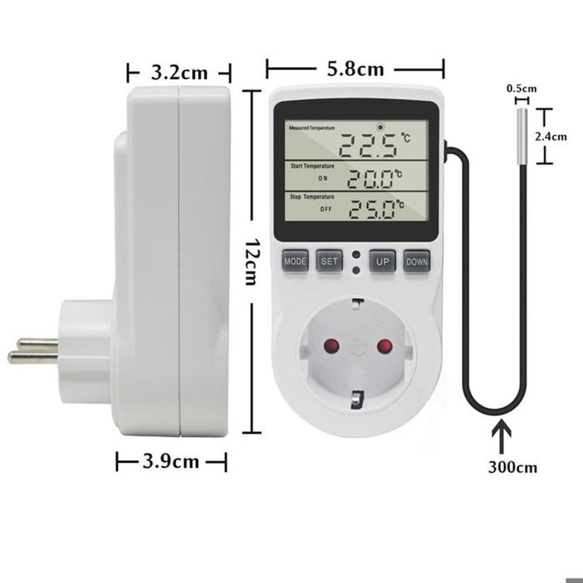 Voir la diapositive 5 : Thermostat contrôleur de température plug-in avec sonde 3 m 230 V, 16 A, 3680 W, écran LCD HD, -40 à 120 °C, modes chauffage/refroidissement et minuterie