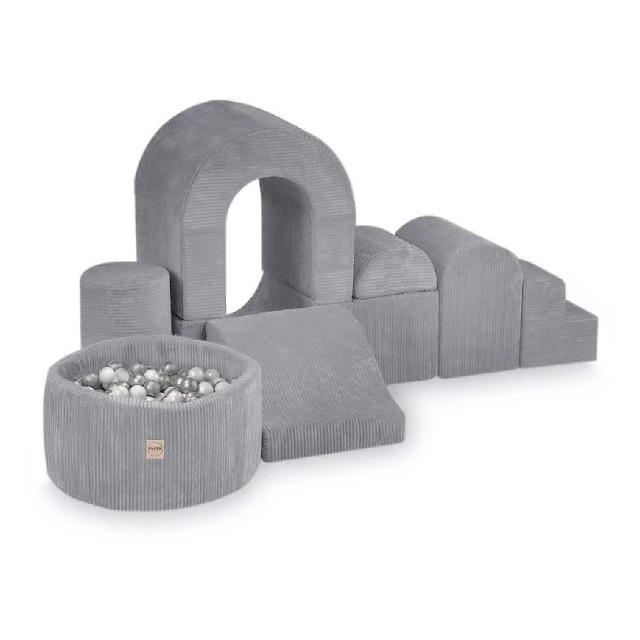 PLUSH NEST Château de jeux avec piscine + 150 balles (argent nacré) velours côtelé gris premium