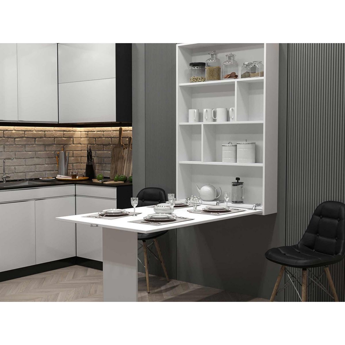 BEST MOBILIER Mondrian - table murale rabattable avec rangements - 4 personnes