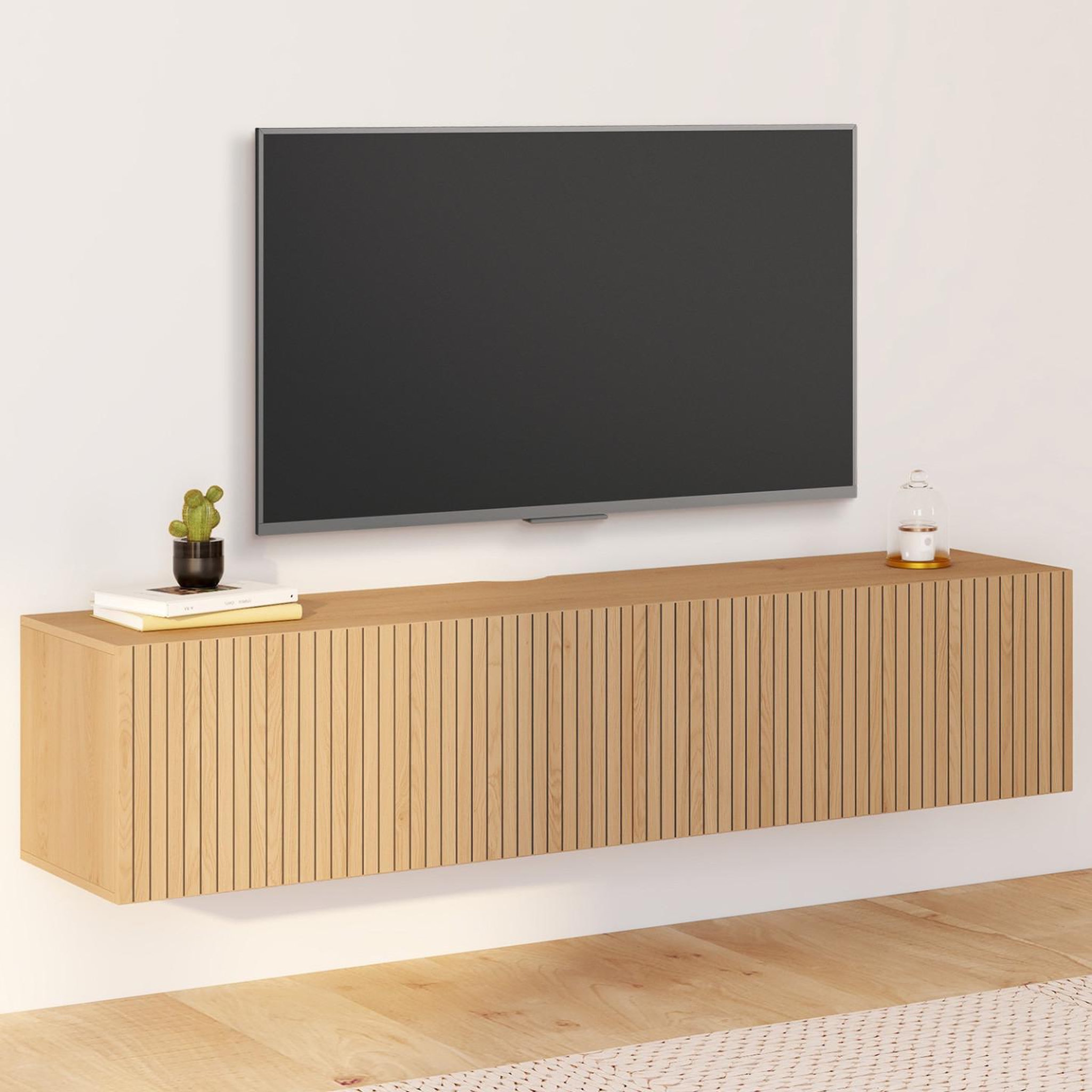 Voir la diapositive 2 : ID MARKET Meuble tv 140 cm suspendu juliette 2 portes lattes tasseau bois coloris chêne