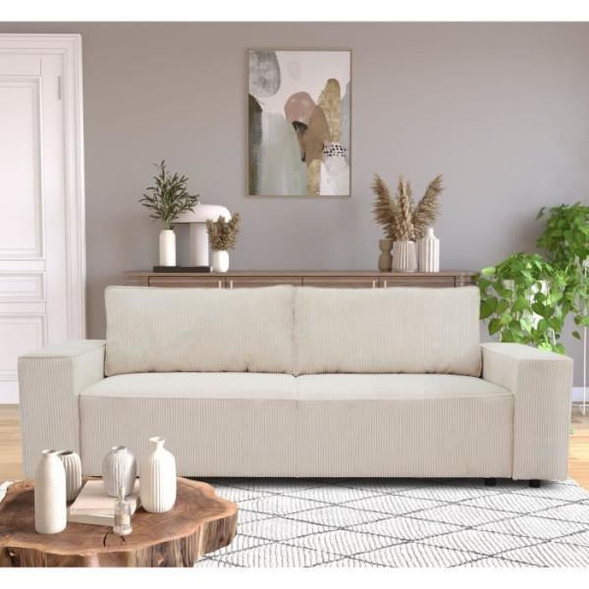 Voir la diapositive 2 : MARKET24 Canapé droit convertible 3 places JOSH - velours côtelé beige - Coffre de rangement - L239xP86xH85cm