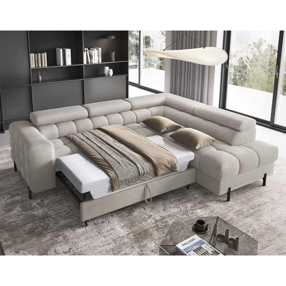 BEST MOBILIER Elisa - canapé d'angle droit 5 places convertible avec coffre et têtières réglables en tissu bouclette