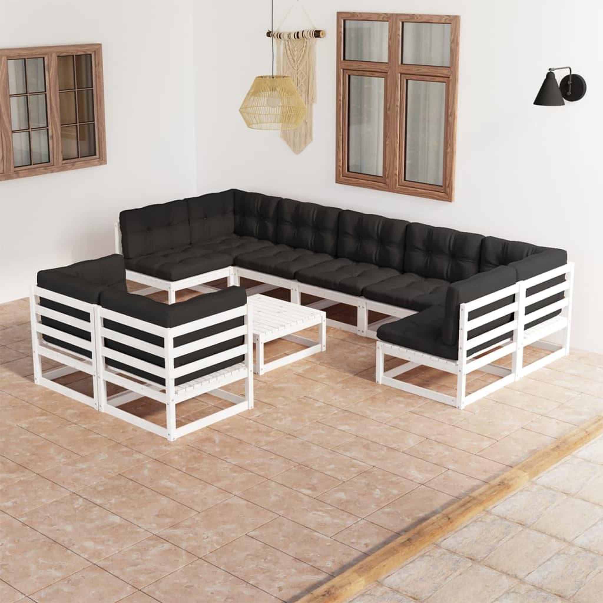 Voir la diapositive 1 : VIDAXL Salon de jardin 10 pcs avec coussins Blanc Bois de pin massif