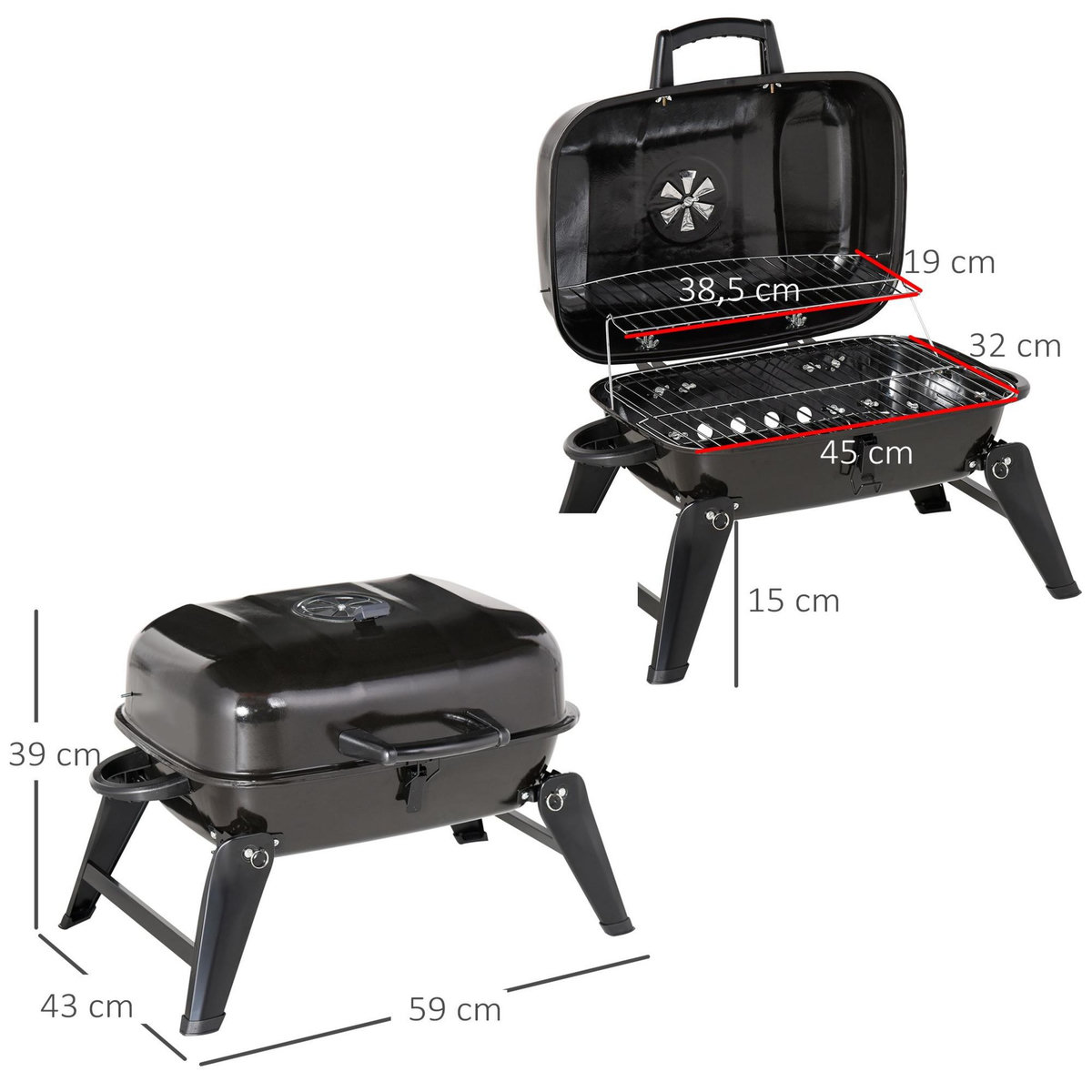 OUTSUNNY Barbecue au charbon de bois BBQ grill portable et pliable avec couvercle dim. 59 x 43 x 39 cm noir